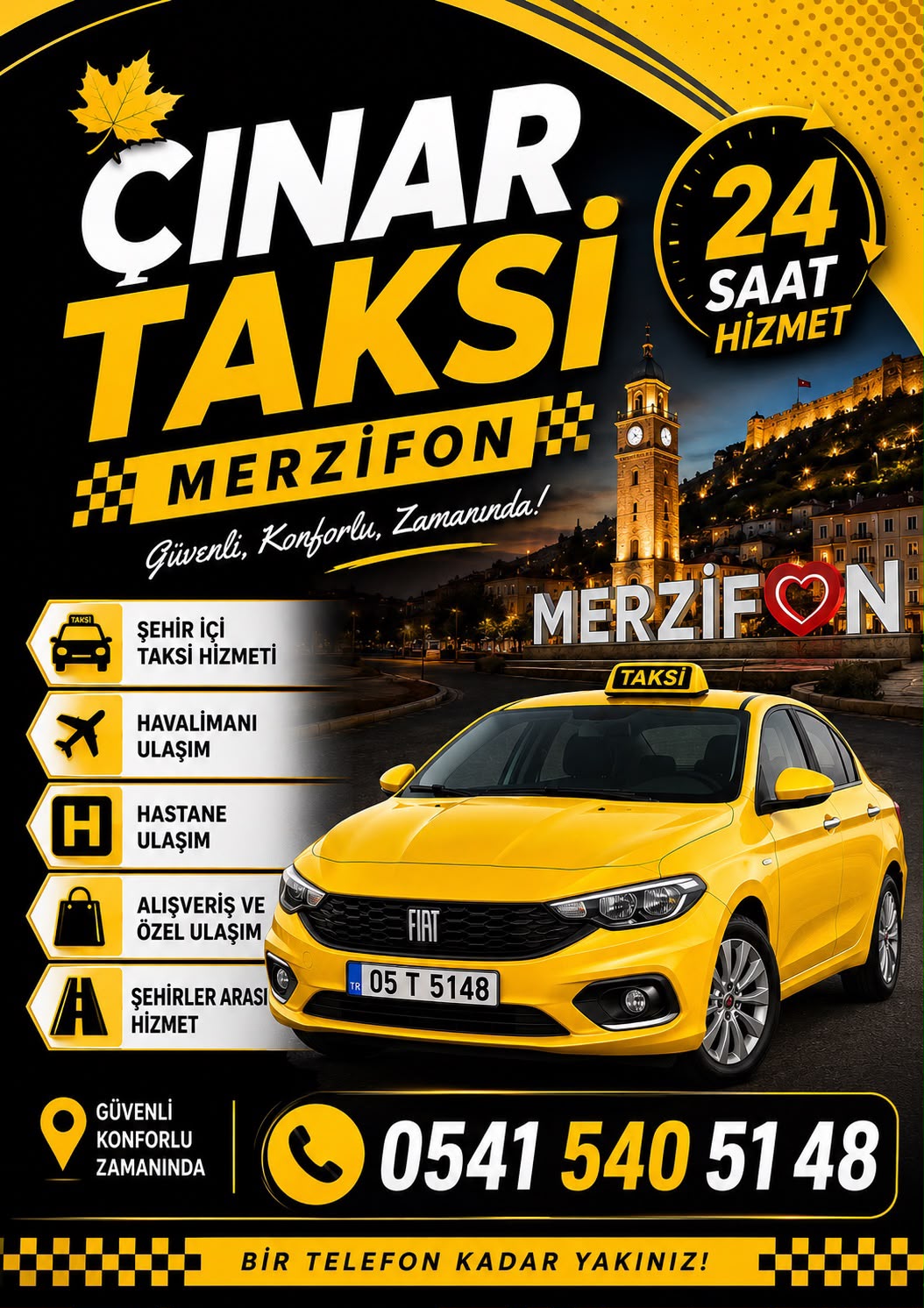 Çınar Taksi Merzifon hizmetleri afişi
